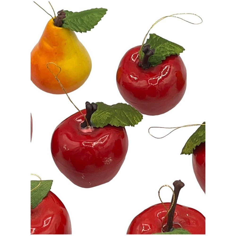 12 Christmas Ornaments Shiny Apples & Pears Glitter Strawberries Green Leaf - Picture 8 of 11
